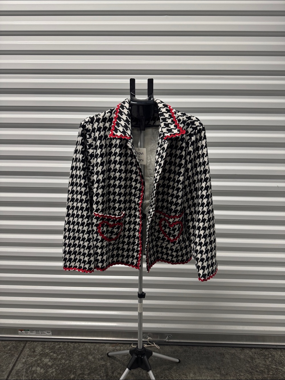 DAVI & DANI Black & White Houndstooth Jacket with Red Trim